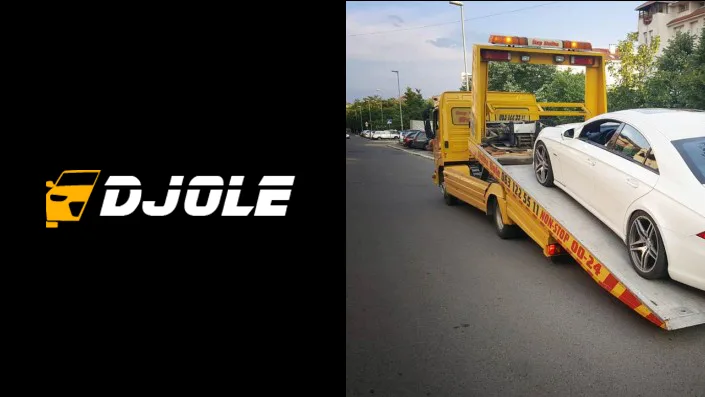 sa leve strane nalazi se fotografija šlep službe djole kako vrši isporuku belog automobila dok je sa desne strane coover fotografije logo šlep službe sa crnom pozadinom