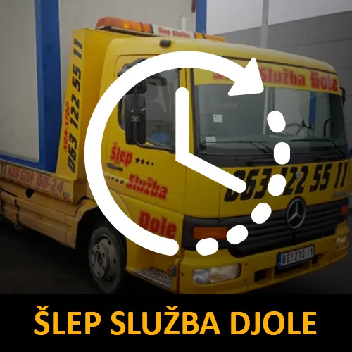 Šlep služba kamion žute boje sa ilustracijom sata simbolizuje brzu i bezbednu šlep usluge šlep službe djole